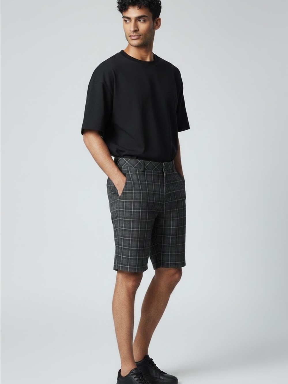 Fila Black & Gray Windowpane Flat Front Shorts